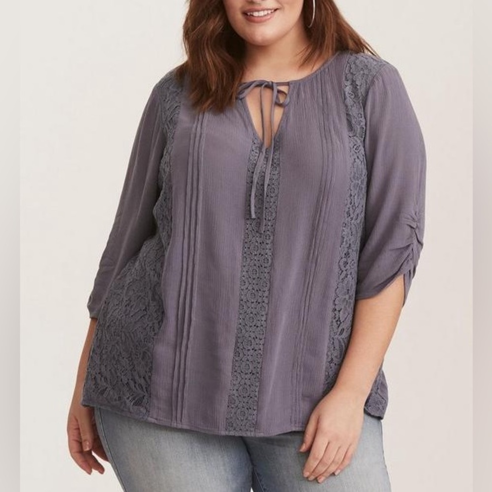Torrid Grey Gauze Lace Inset Tie Front Blouse 4X